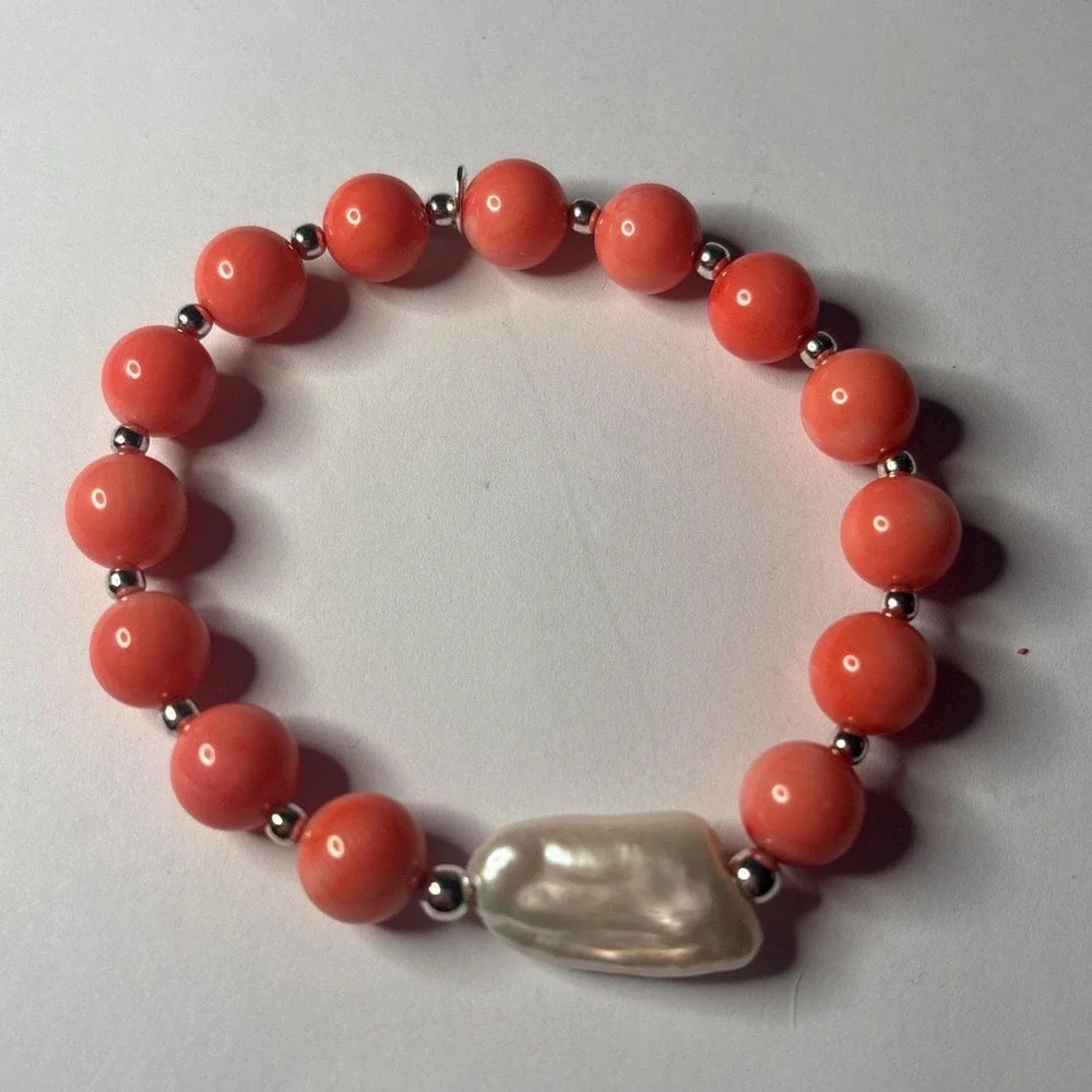 Pink Coral Mother Of Pearl Bracelet Sterling Silver Elements Signed FAS 925 Thai
